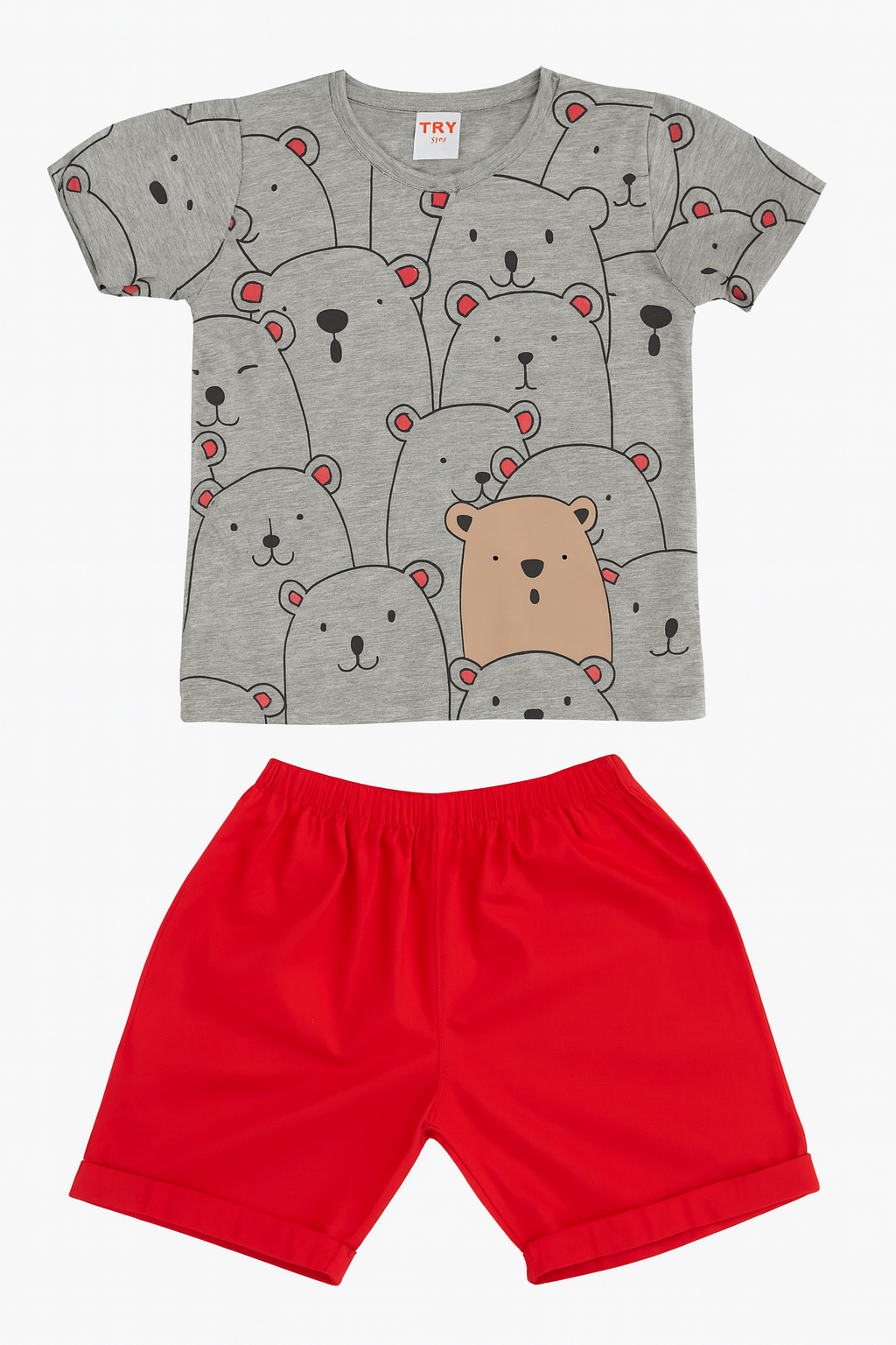 CONJUNTO CAMISETA GRIS + SHORT ROJO NIÑO