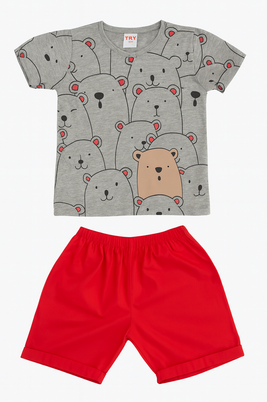 CONJUNTO CAMISETA GRIS + SHORT ROJO NIÑO