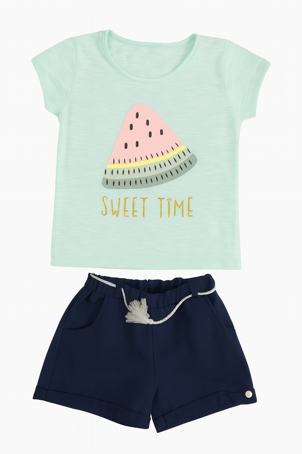 CONJUNTO CAMISETA VERDE AGUA + SHORT AZUL NIÑA