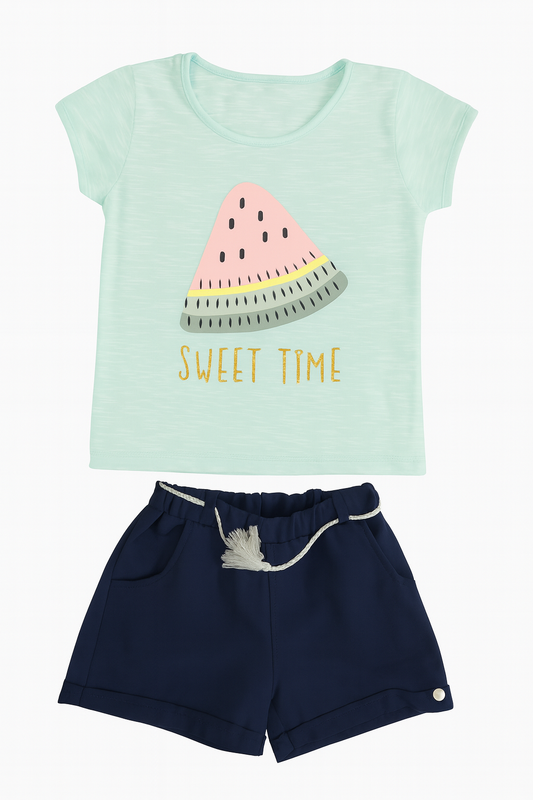 CONJUNTO CAMISETA VERDE AGUA + SHORT AZUL NIÑA