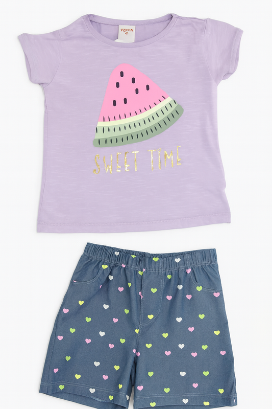 CONJUNTO CAMISETA LILA + SHORT AZUL NIÑA