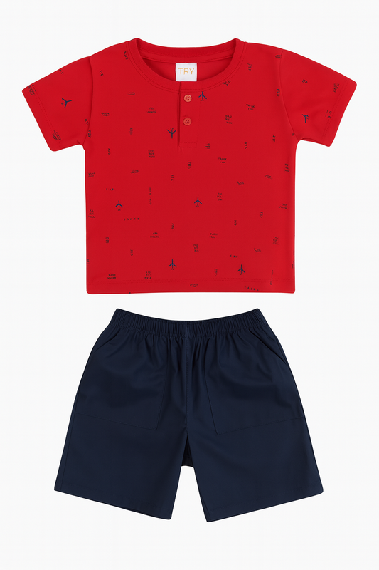 CONJUNTO CAMISETA ROJA + SHORT AZUL NIÑO