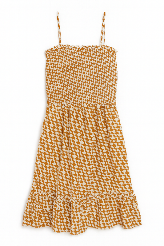 VESTIDO TOMATE FIGURAS GEOMETRICAS CON TIRANTES