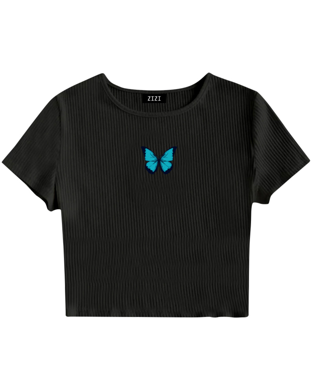 CROP TOP RIBB NEGRO MARIPOSA AZUL