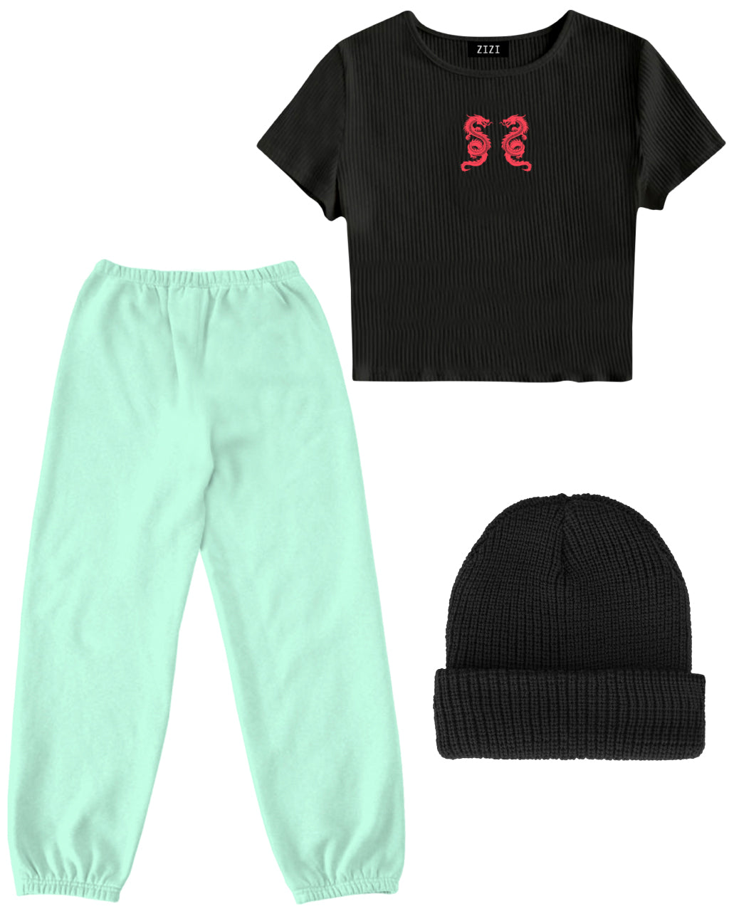 CONJUNTO SUPER GIRL (CROP TOP RIBB + JOGGER LLANO + GORRO)