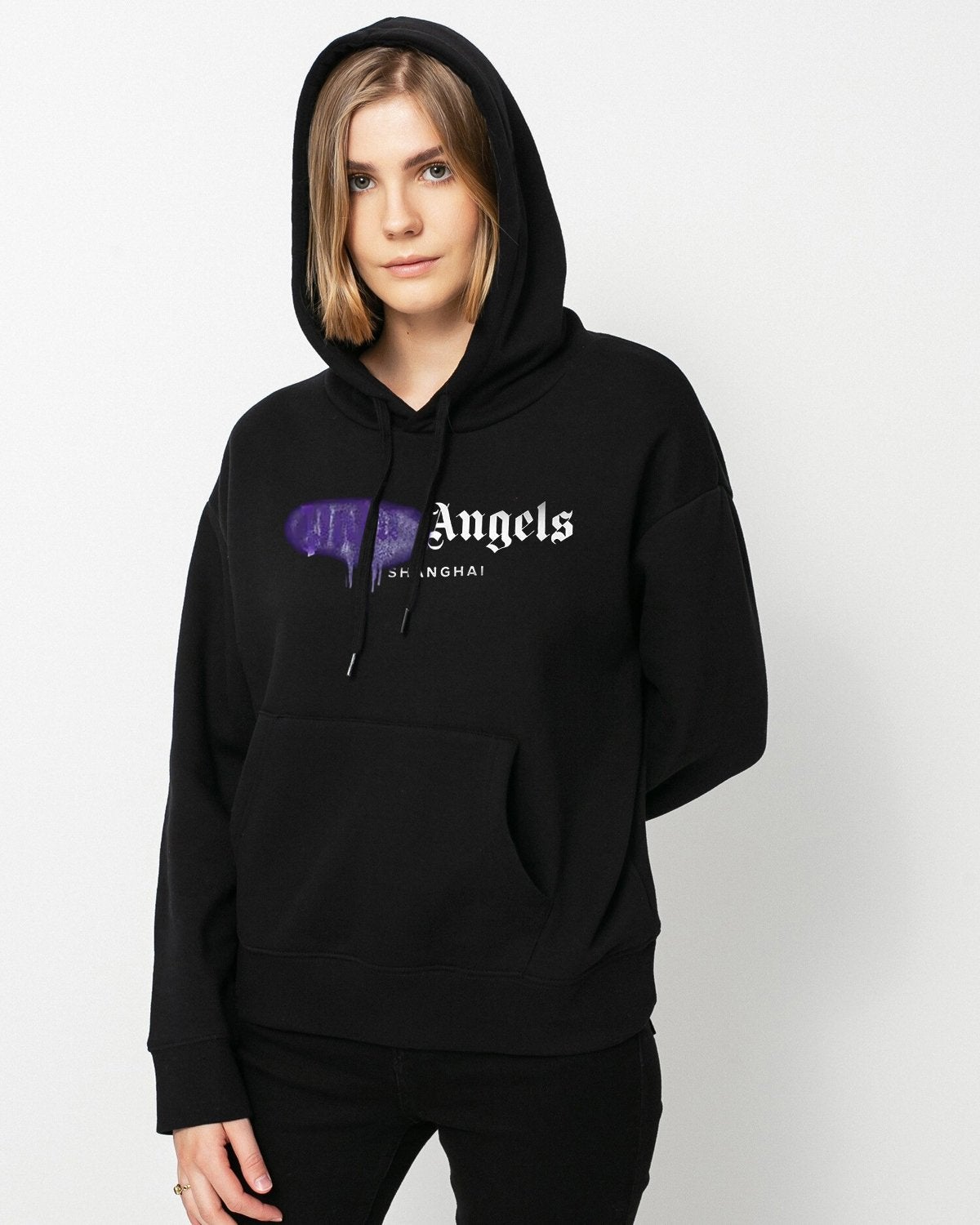 HOODIE NEGRO PALM ANGELS SPRAY MORADO