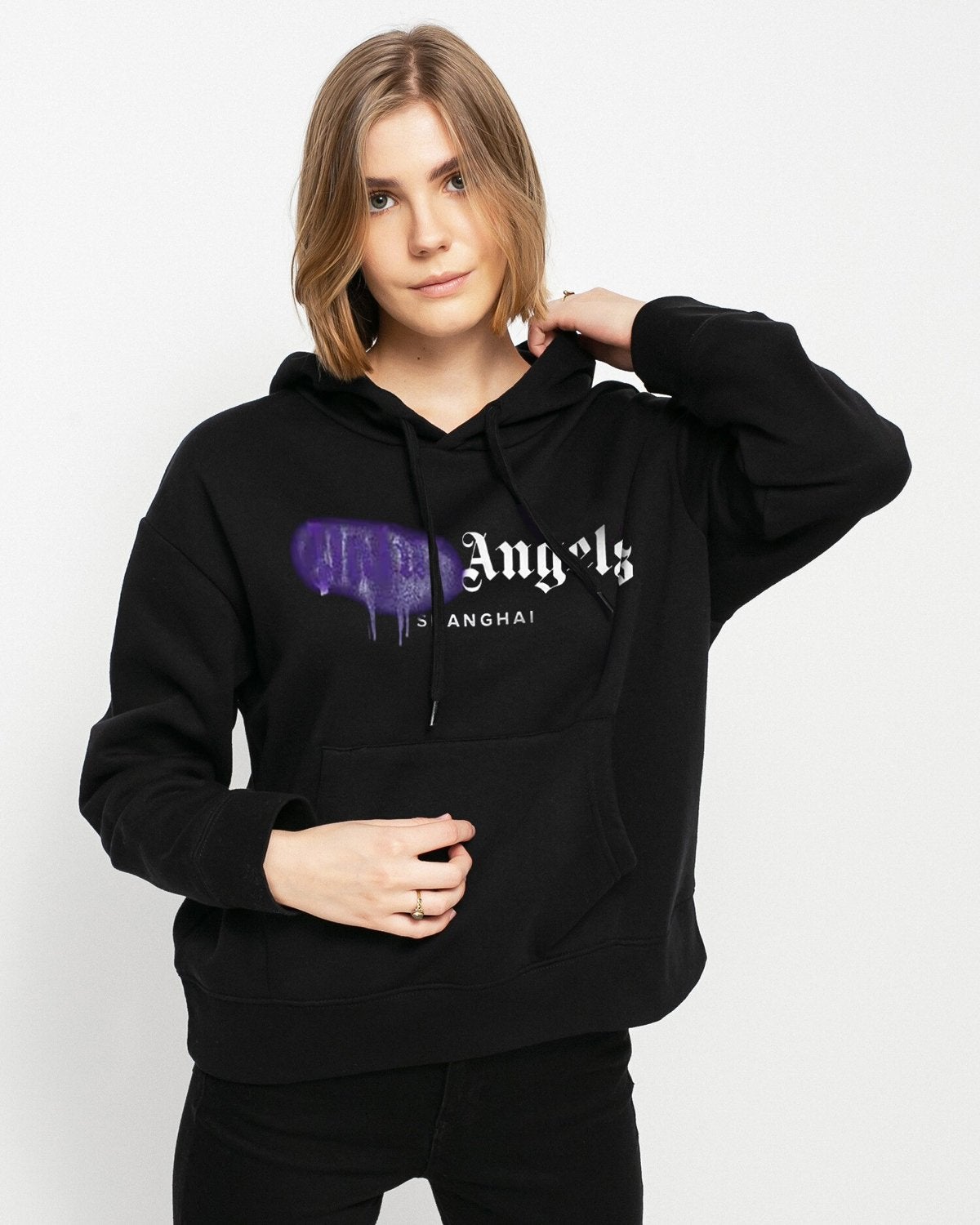 HOODIE NEGRO PALM ANGELS SPRAY MORADO